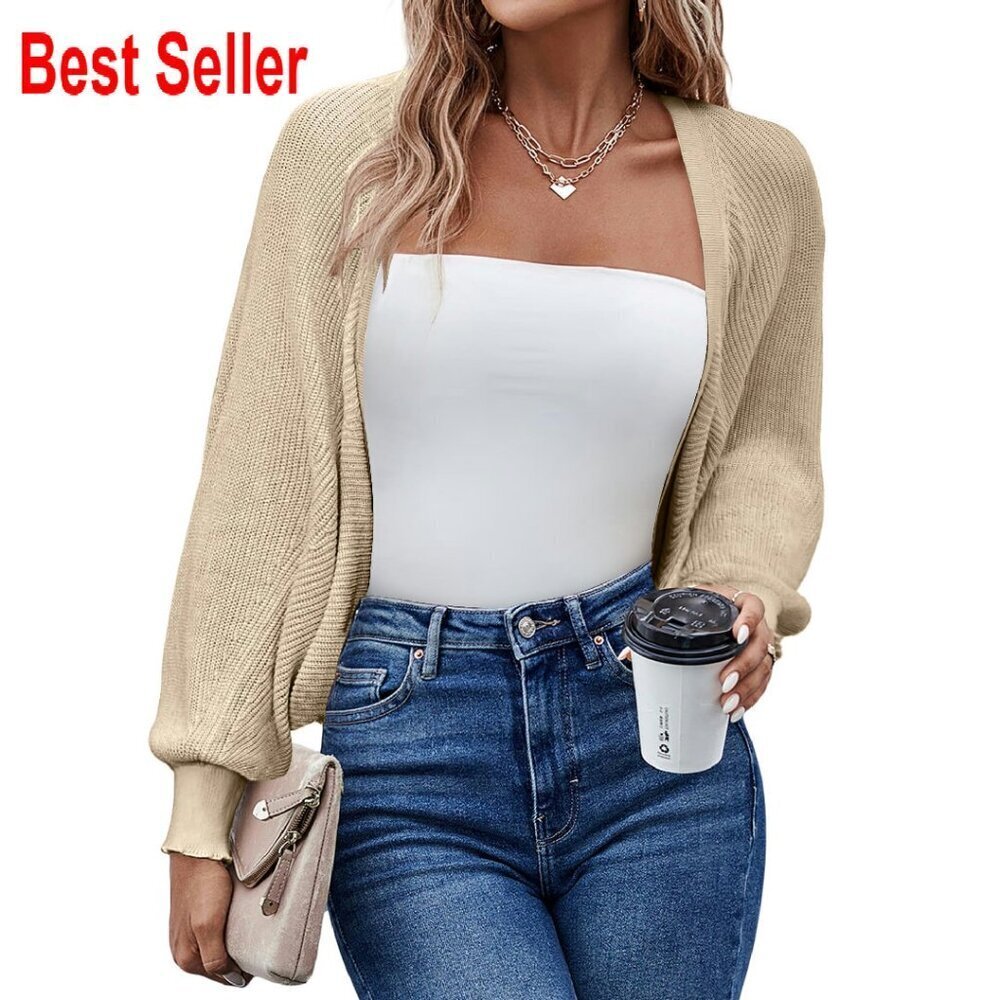 Long Batwing Sleeve Cropped Cardigan Elegant Chic Open Front Knitted Bolero